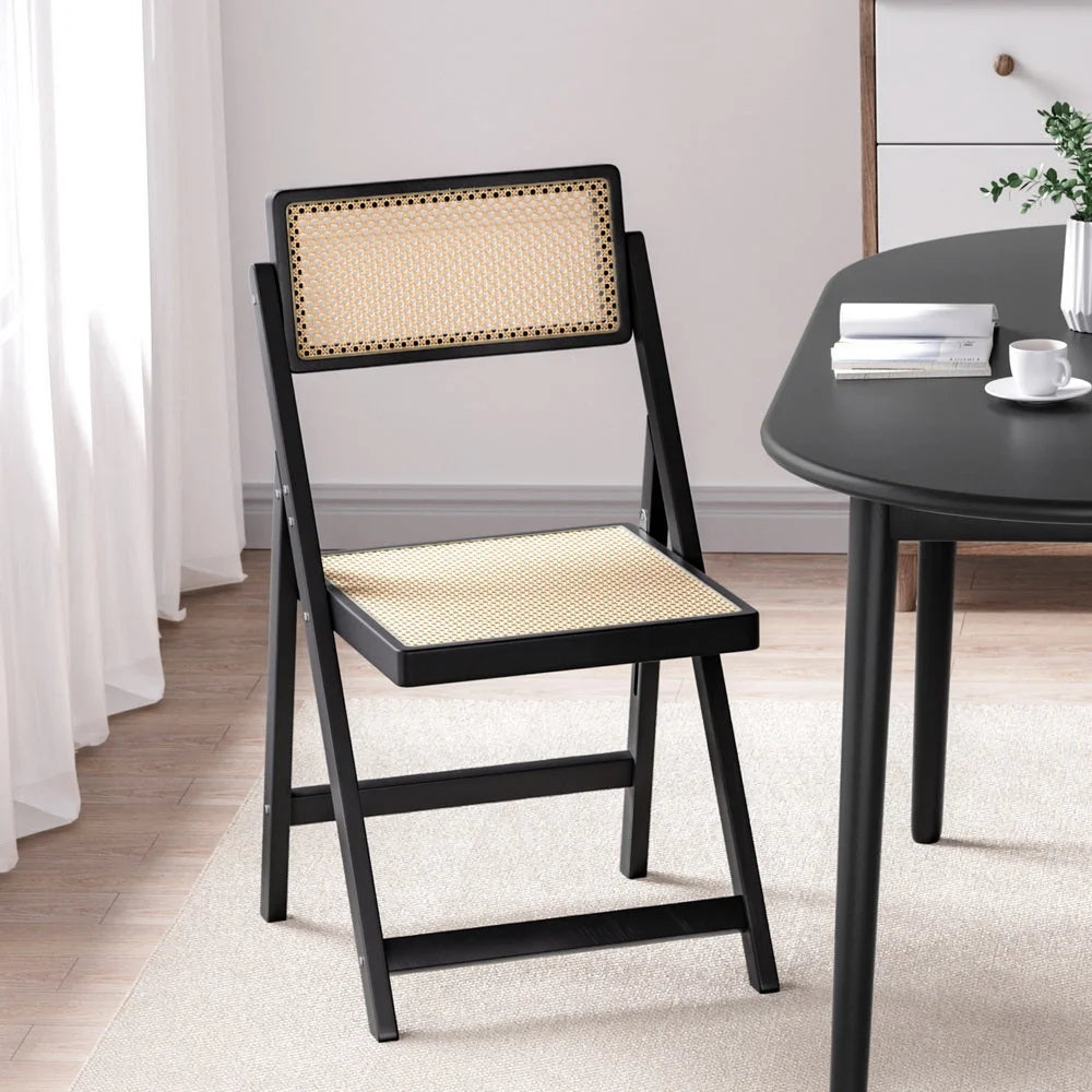 Dining Chair Wooden Rattan Foldable - Black - Furniture