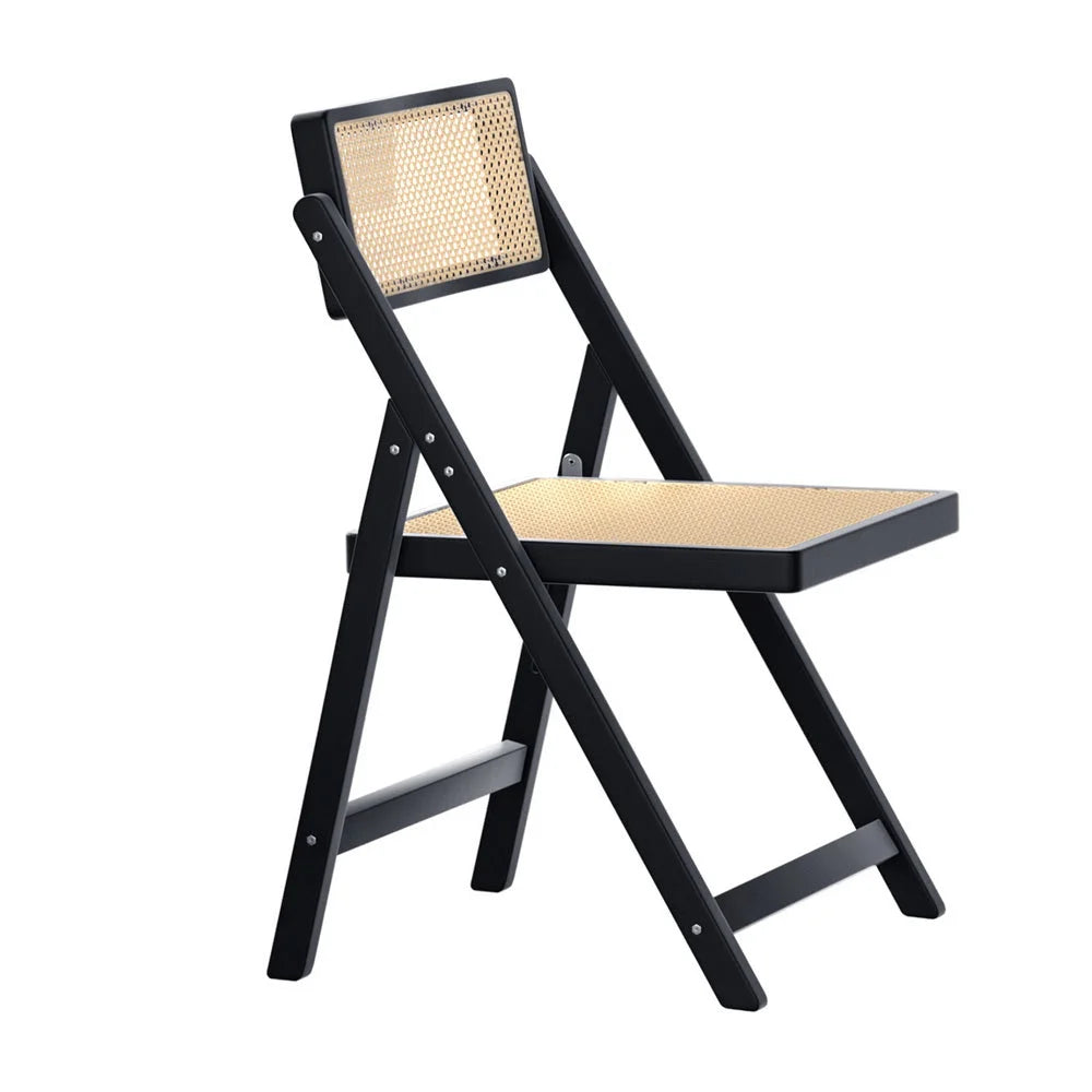 Dining Chair Wooden Rattan Foldable - Black - Furniture