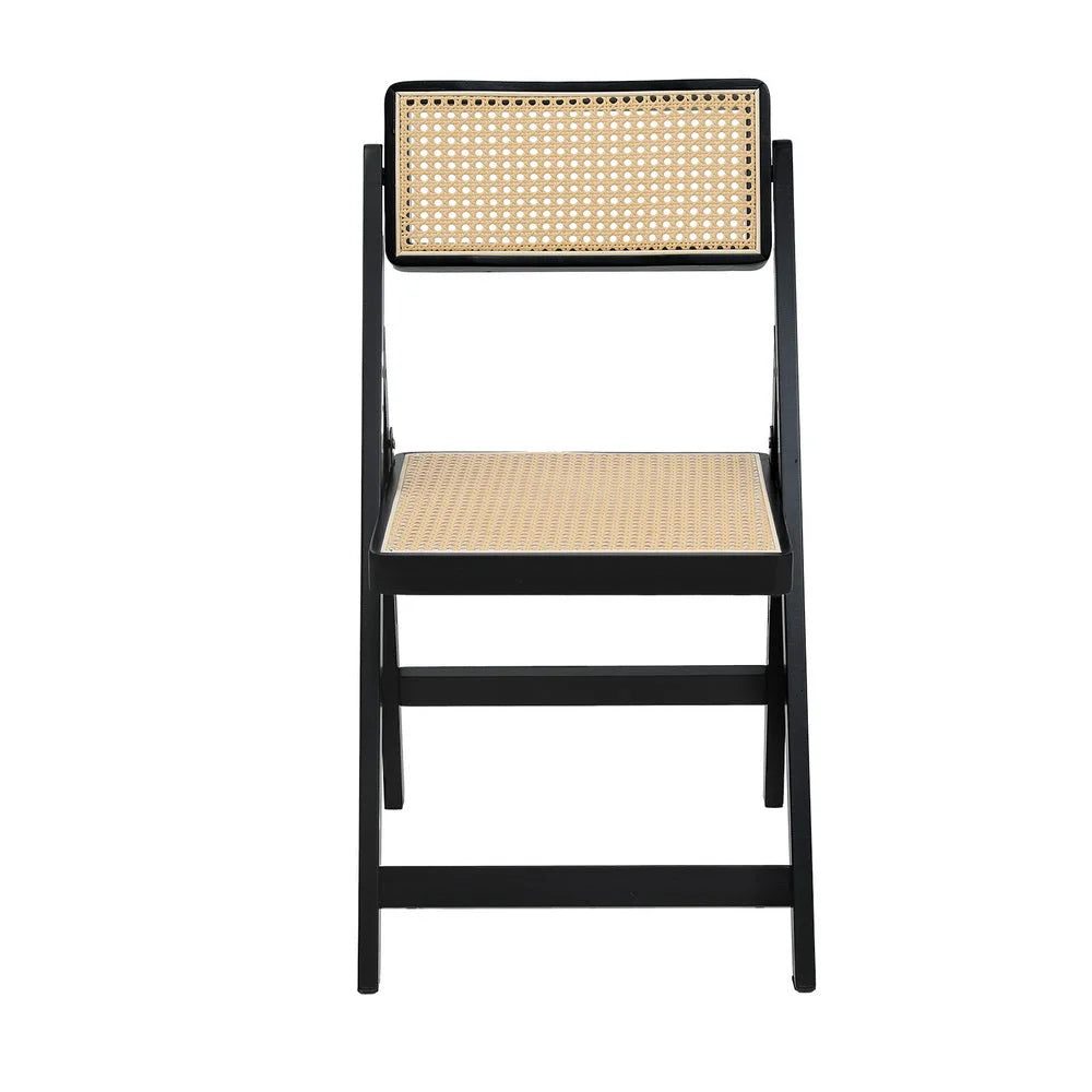 Dining Chair Wooden Rattan Foldable - Black - Furniture