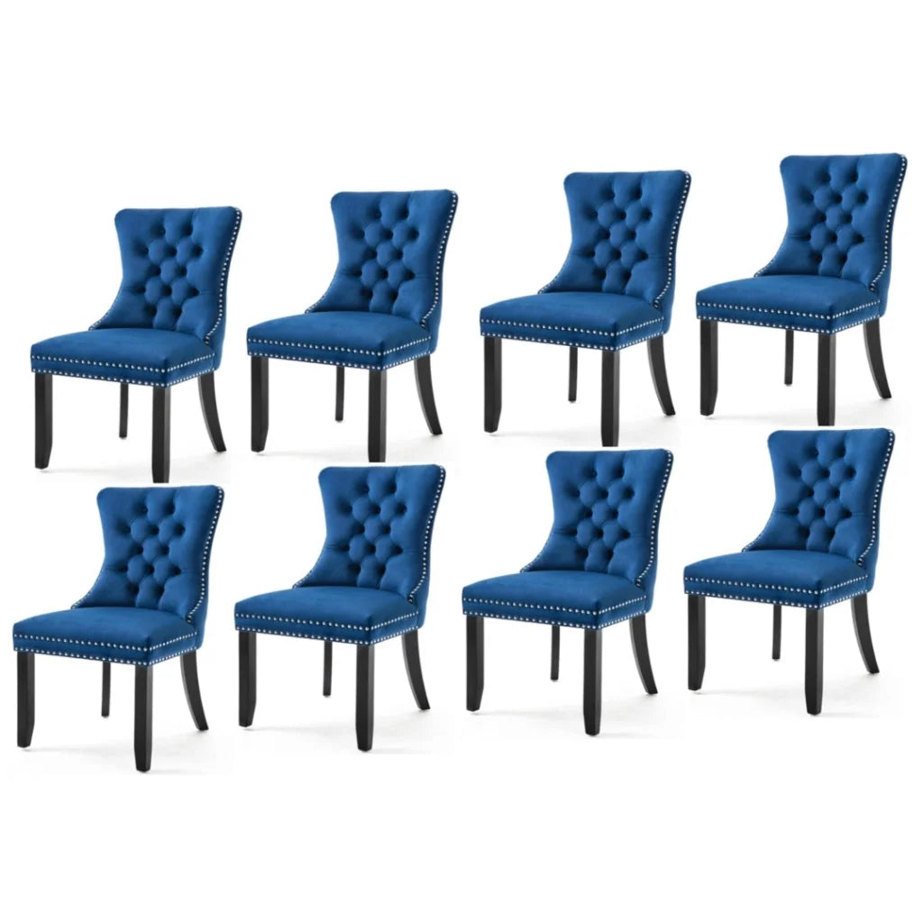 Blue velvet dining chair set with cushioned seat and curved backrest