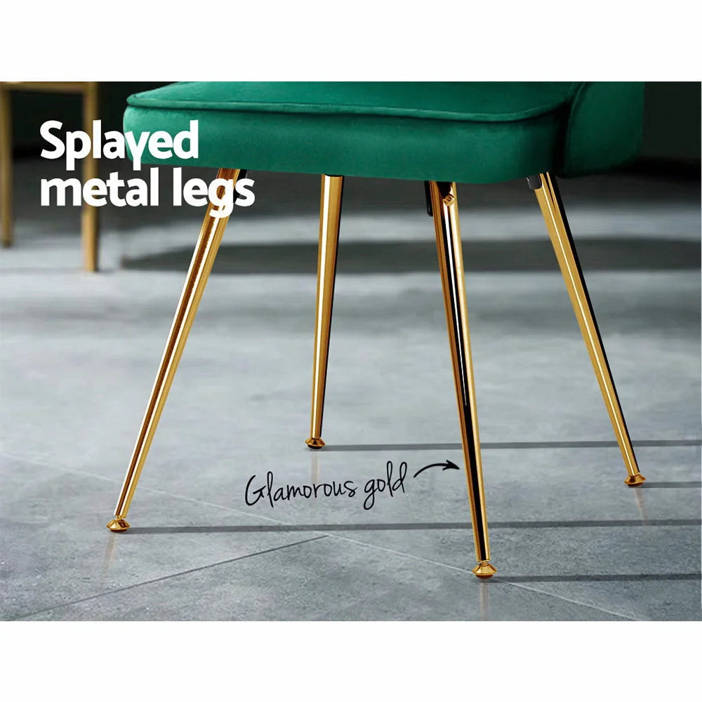 Green metal dining chair set with shaped seat and supportive backrest
