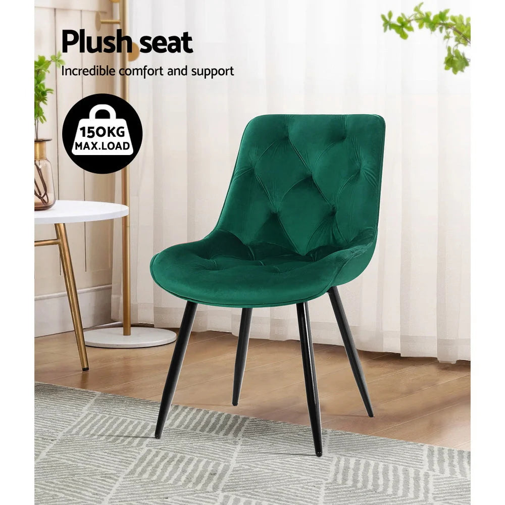 Green velvet dining chair set with counter-height legs and footrest