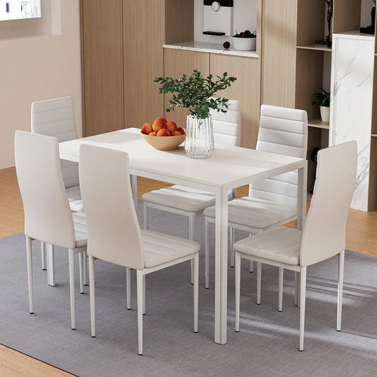Dining Set Table and 6 Chairs - Set of 7 White