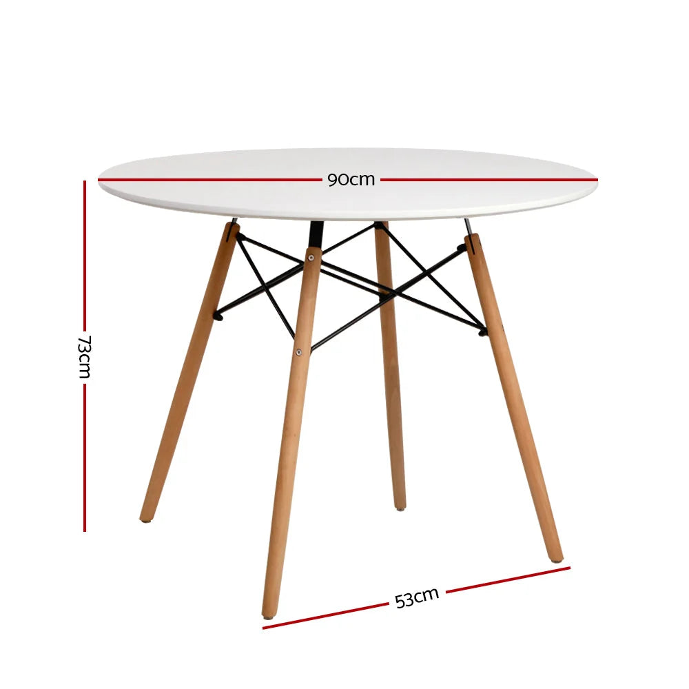 White timber 90cm dining table set with glass tabletop and black steel frame