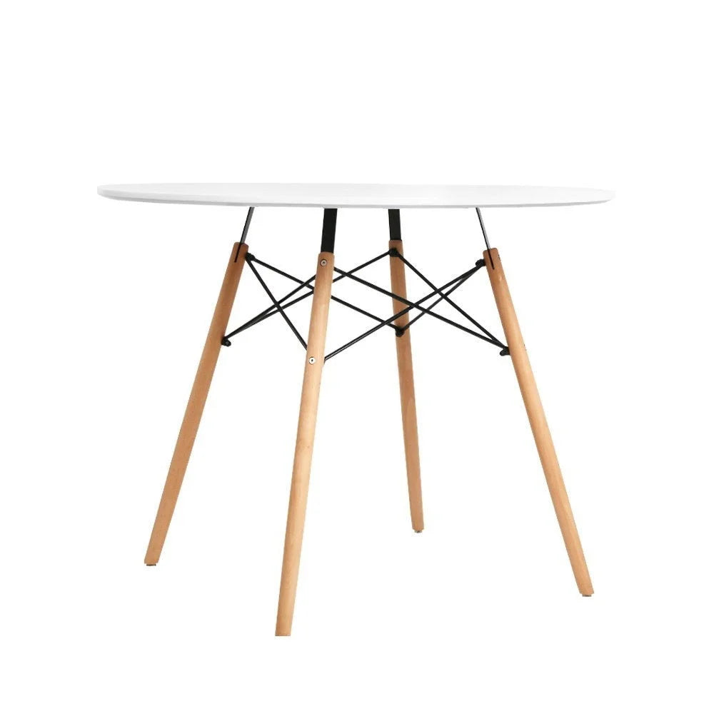 White timber 90cm dining table set with marble-effect table surface and metal legs