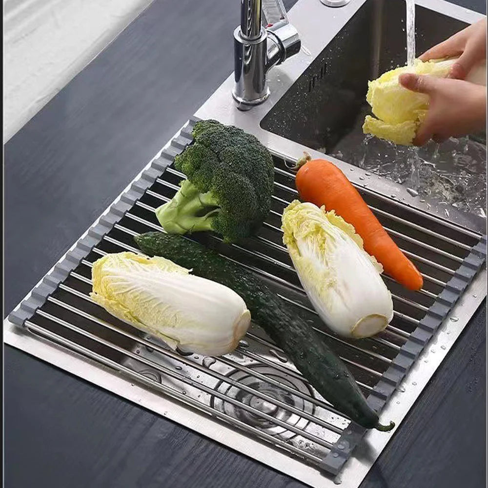 Dish Drying Rack Kitchen Roll-Up Foldable Over Sink