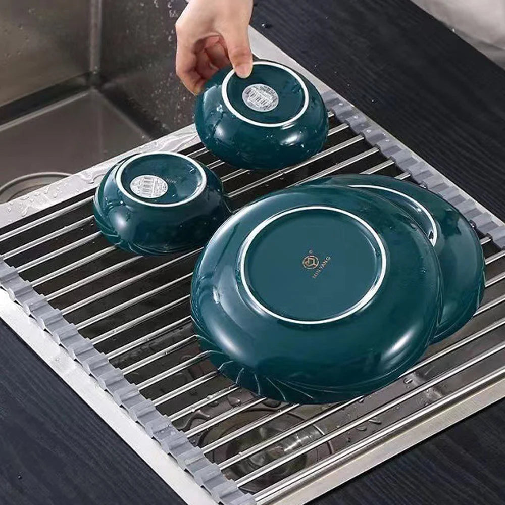 Dish Drying Rack Kitchen Roll-Up Foldable Over Sink
