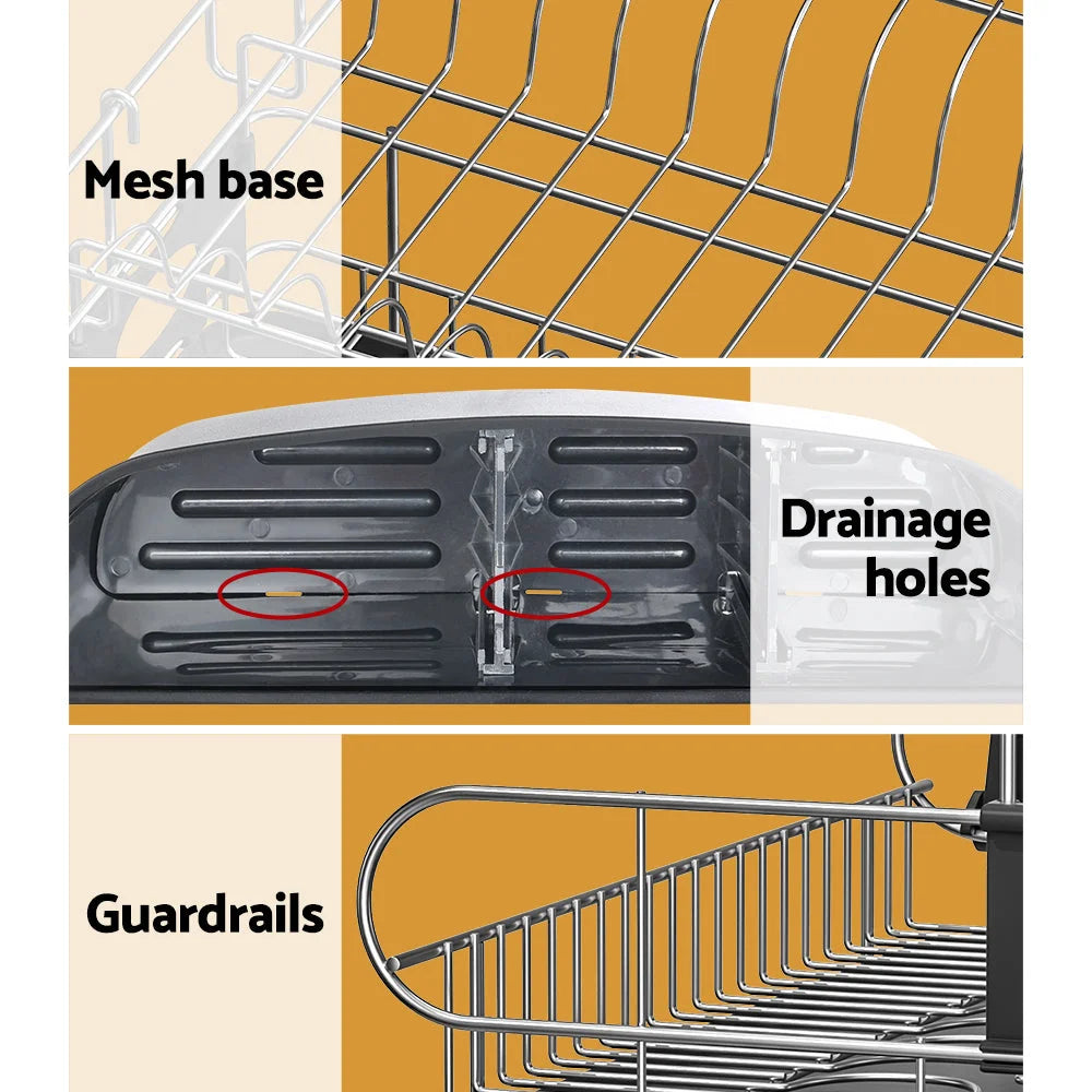 Dish rack drying with tiered shelves and metal supports