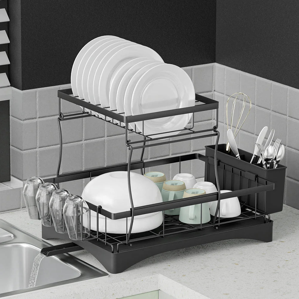 Tier storage rack with dish expandable drying drainer cutlery