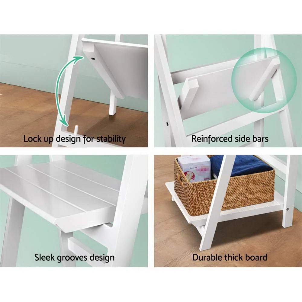 White wooden storage rack with upright supports and shelf tiers