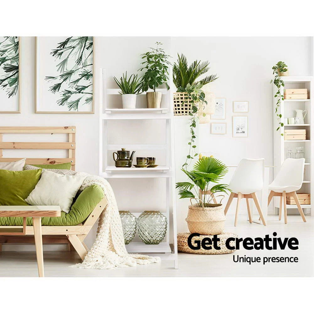 White wooden storage rack with display shelves and upright posts