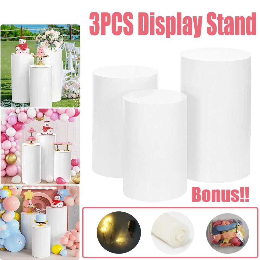 Display Stand 3PCS Round Cylinder Pedestal w/ Balloon Set &