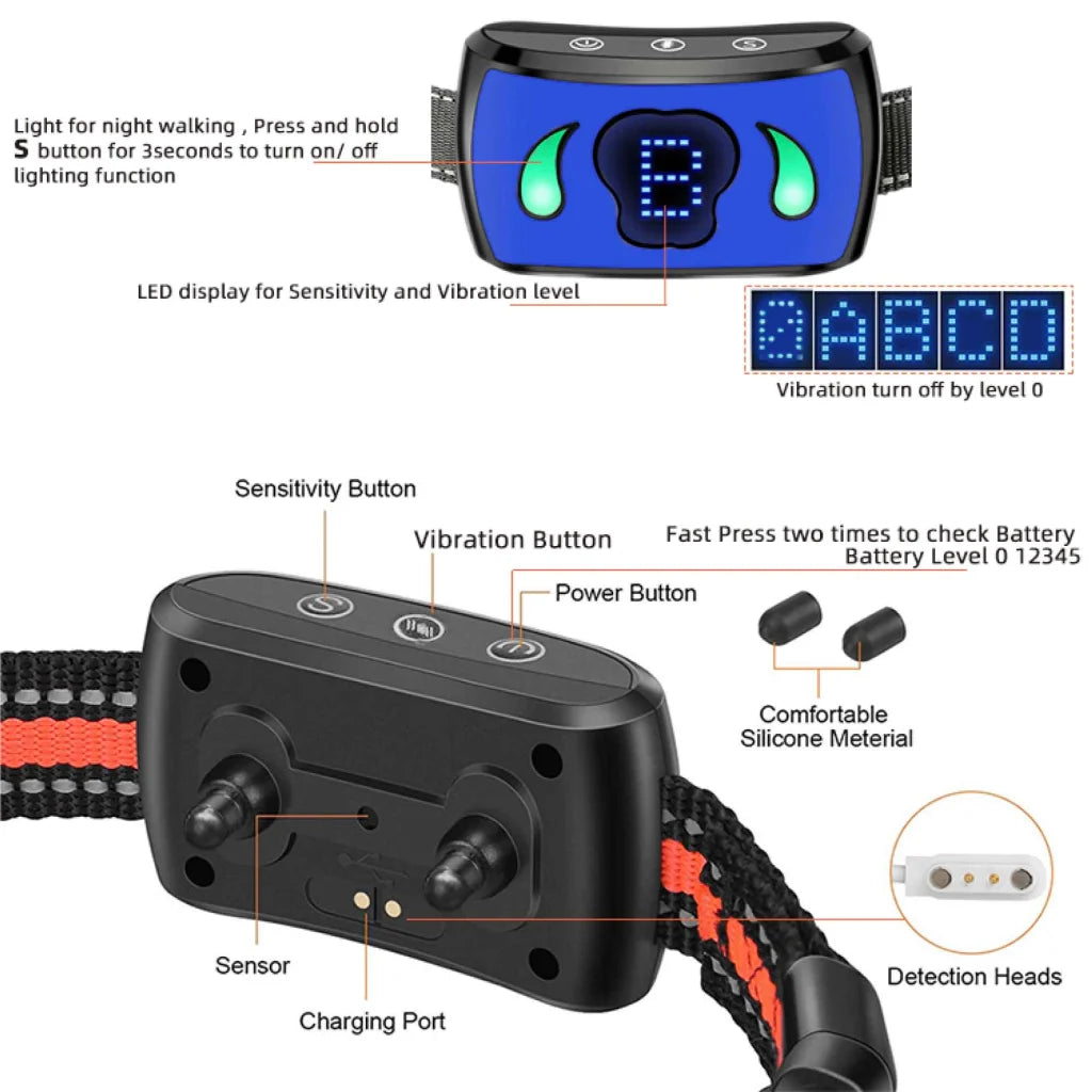 Dog bark collar with display setup and product form
