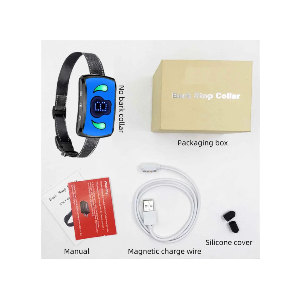 Dog bark collar with storage context and item proportions