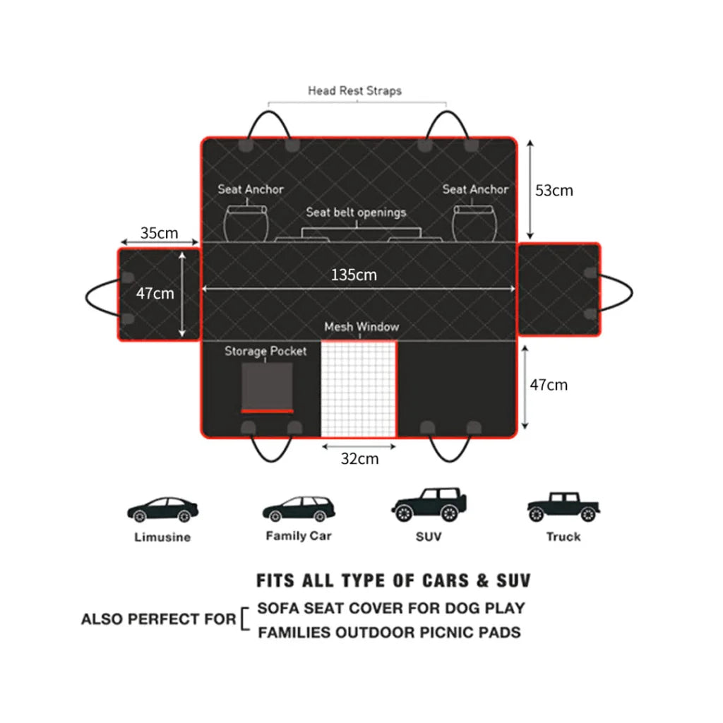 Dog Car Seat Cover Set of 2 Premium Waterproof 600D Oxford Cloth Back Seat Protector Hammock Pet Mat - Black