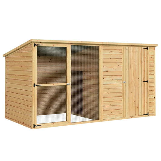 Dog kennel with wooden dog house and front doorway