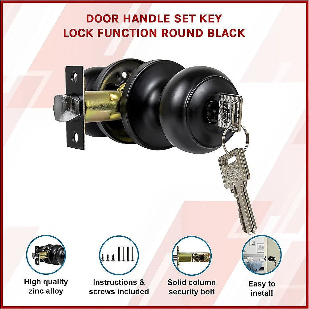 Door Handle Set - Key Lock Function Round - Black - Home &