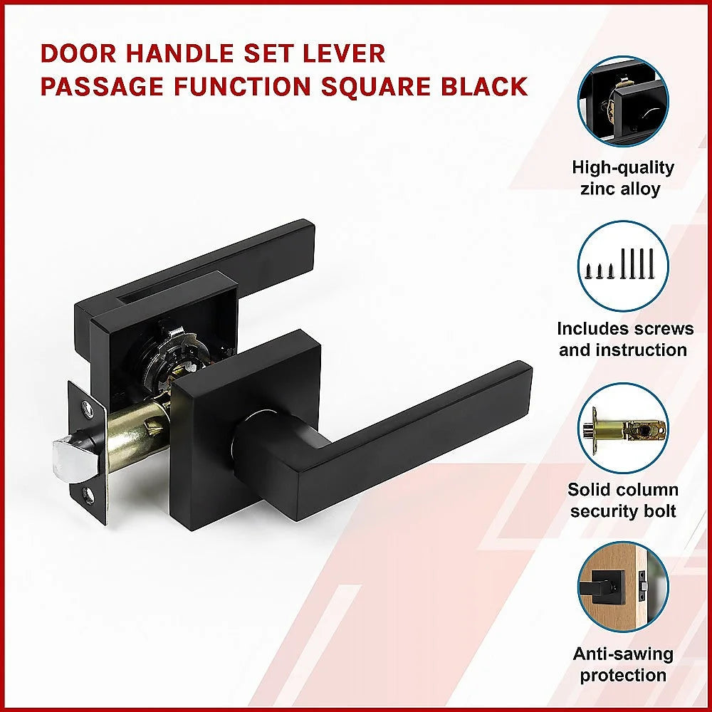 Door Handle Set - Lever Passage Function Square - Black