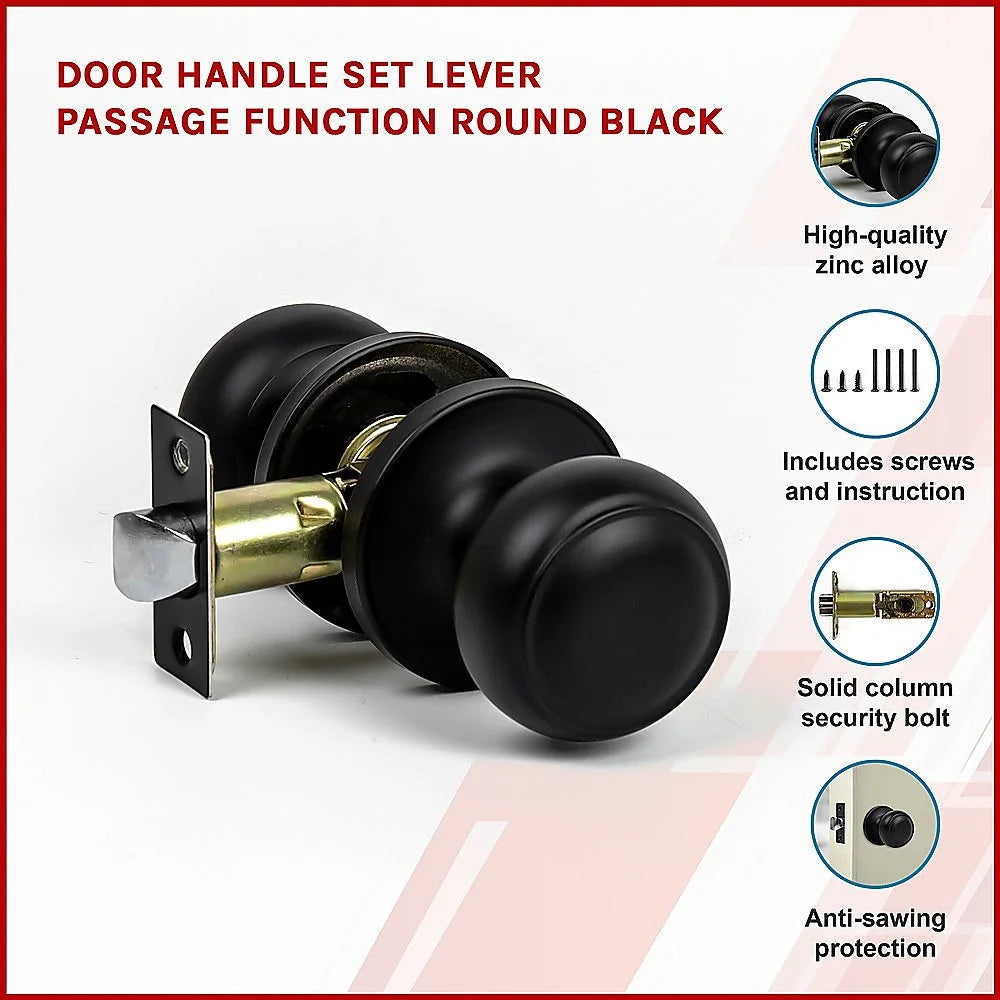 Door Handle Set - Passage Function Round - Black - Home &