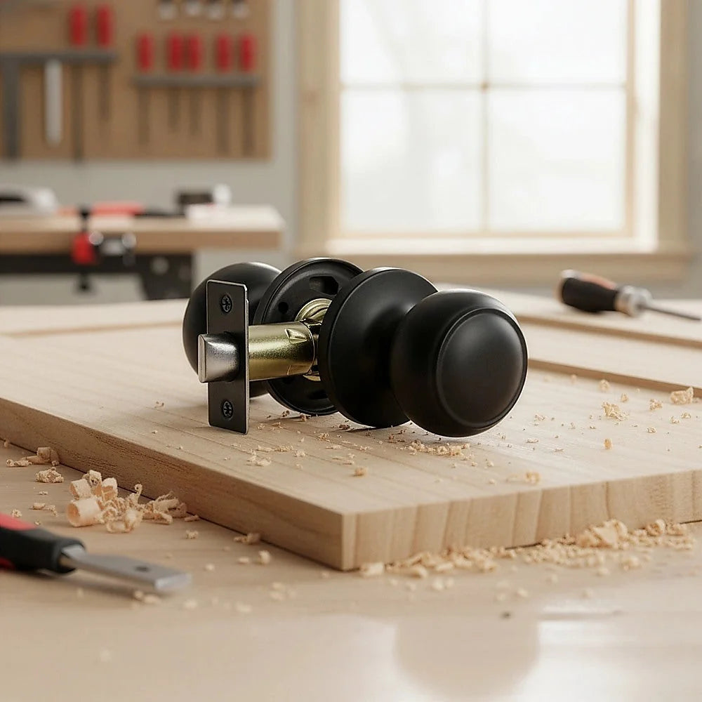 Door Handle Set - Passage Function Round - Black - Home &