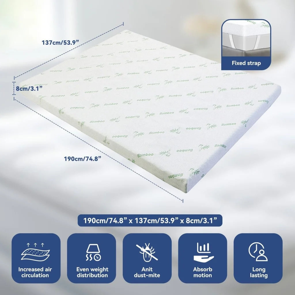 Double Bamboo Memory Foam Mattress Topper 7-Zone 8cm
