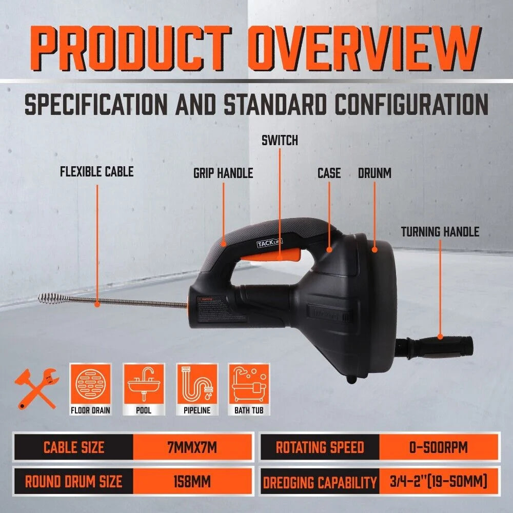 Drain Cleaner Auger Plumbing Unblocker Sewage Pipe Cleaning