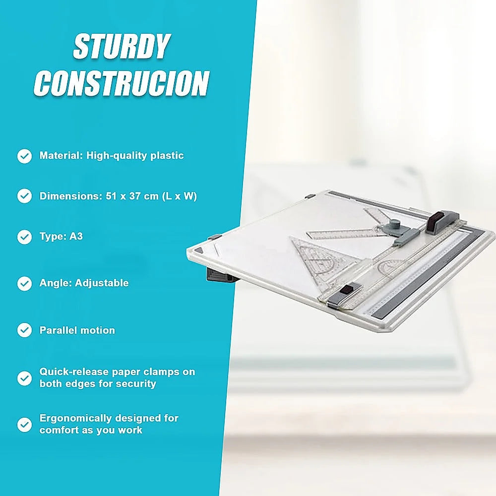 Drawing board table with matching accessories and clear item layout