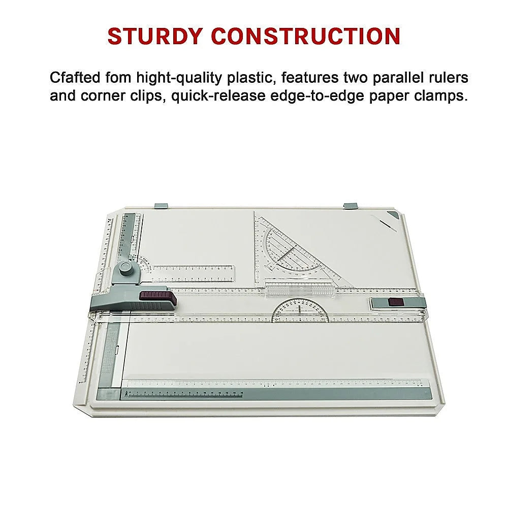 Drawing board table with handles, panels and accessory pieces