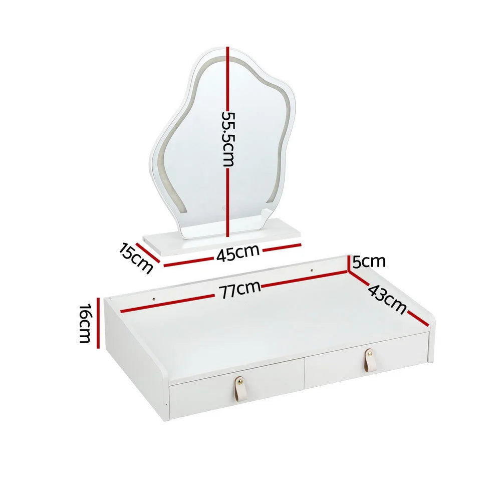 White dressing table floating with colour matched pieces and support fittings
