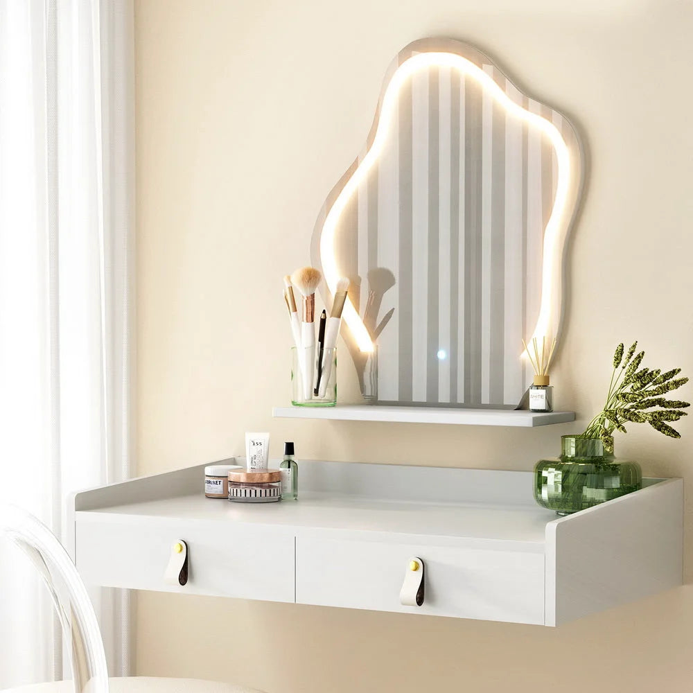 White dressing table floating with storage shelves and support legs