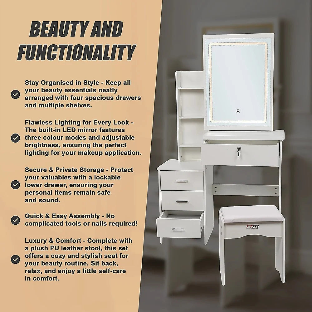 Dressing Table LED Makeup Mirror Stool Set Vanity Desk