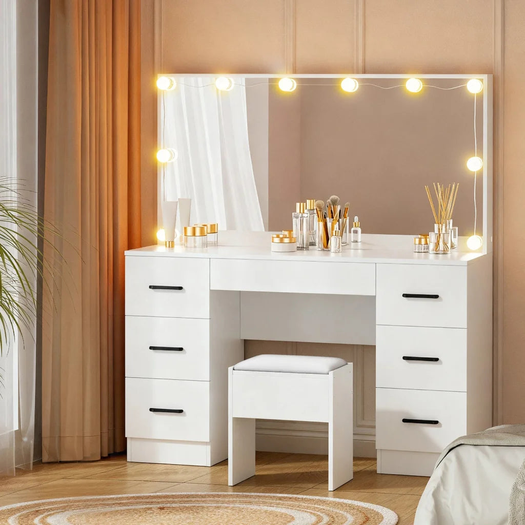 Dressing Table Set with Stool & 10 LED Bulbs - White Debbie