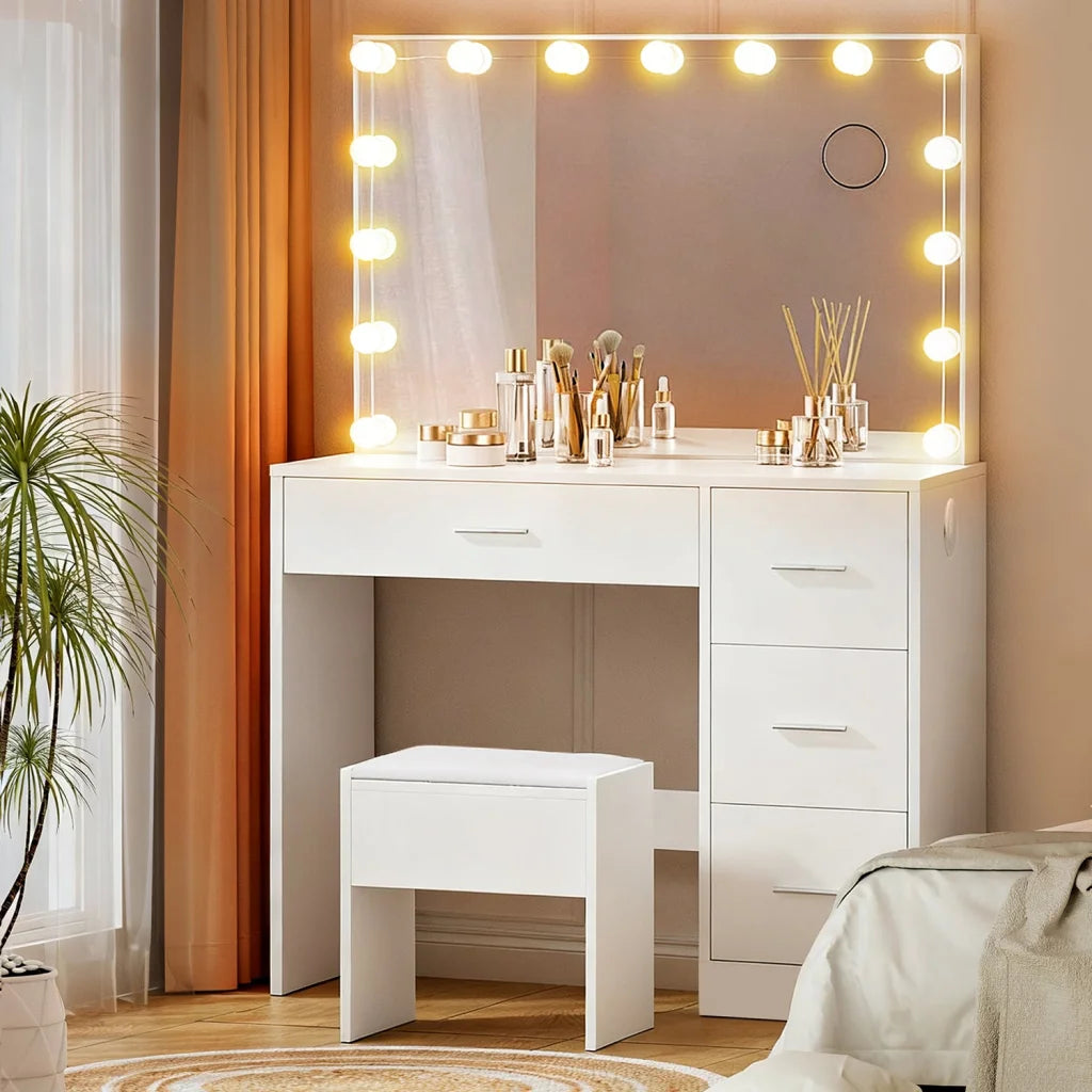White dressing table with mirror frame and small storage drawers