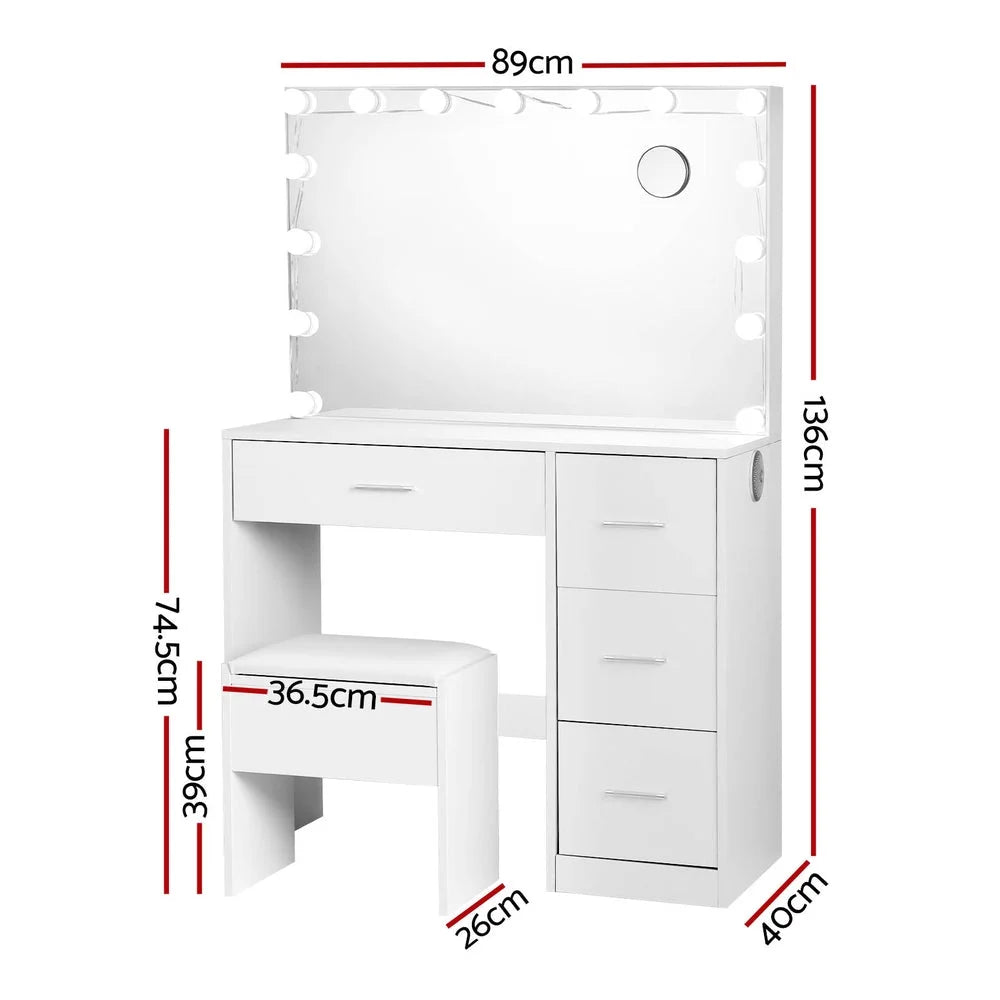 White dressing table with vanity table top and matching stool