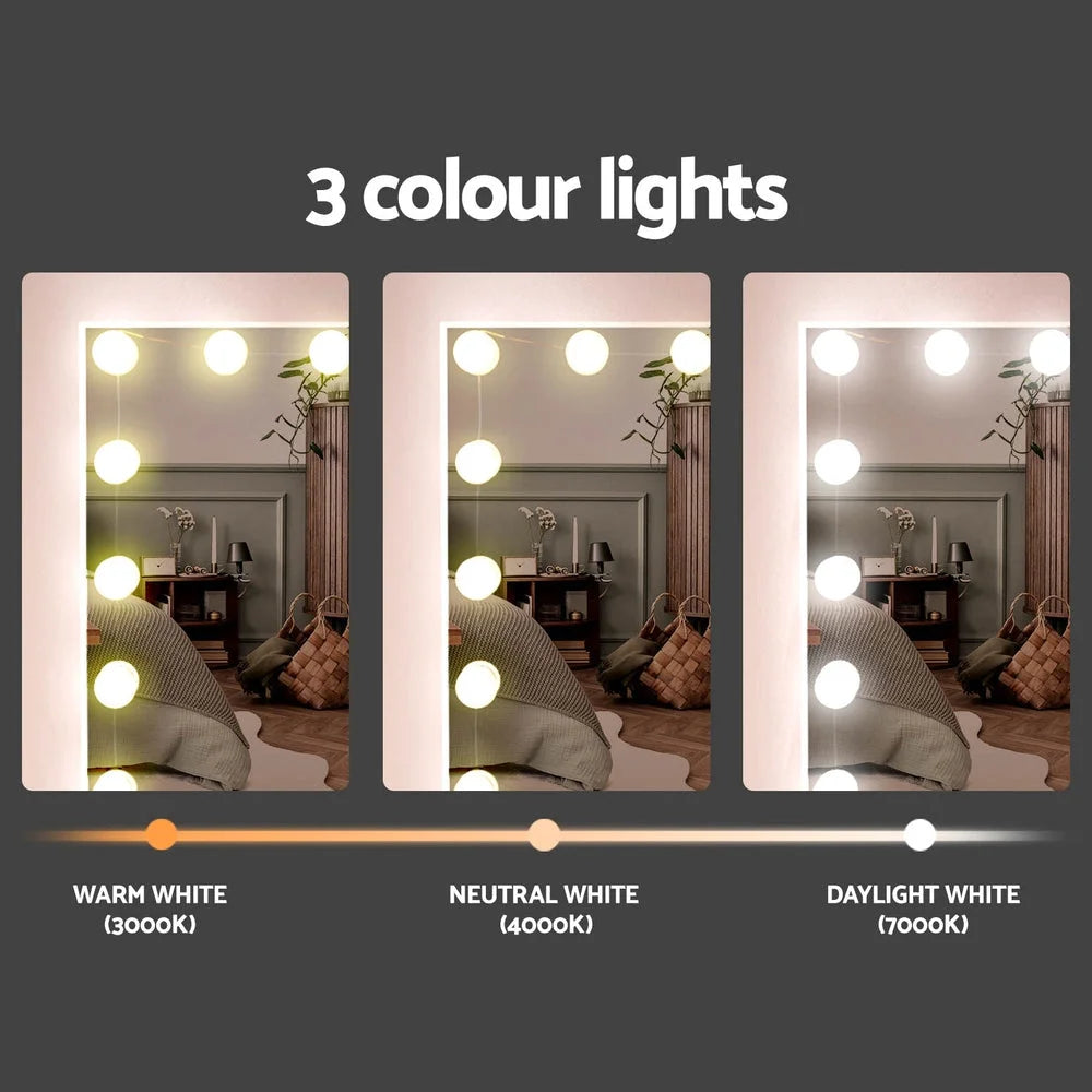 White dressing table with LED bulb mirror and drawer handles