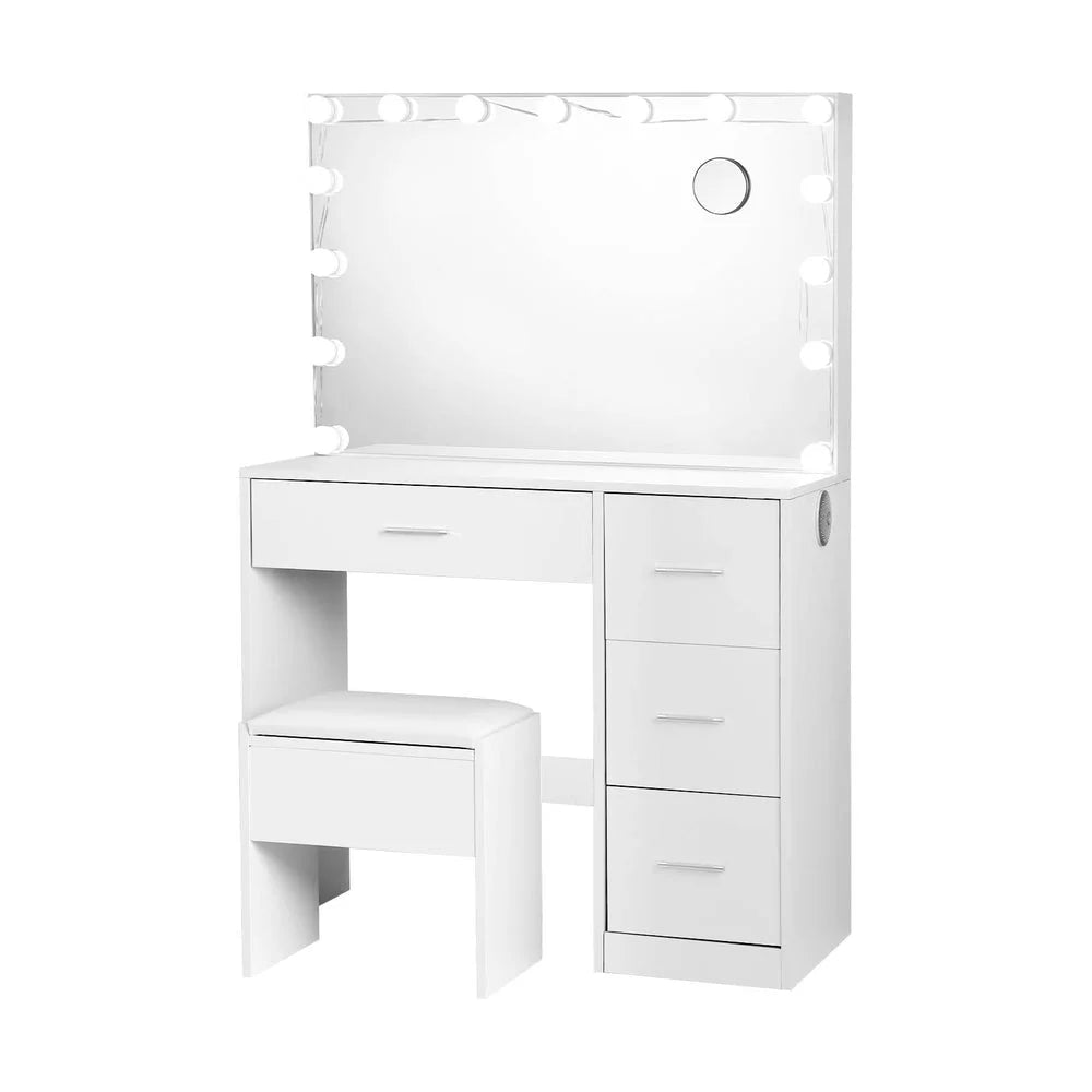 White dressing table with wooden dressing table and round mirror
