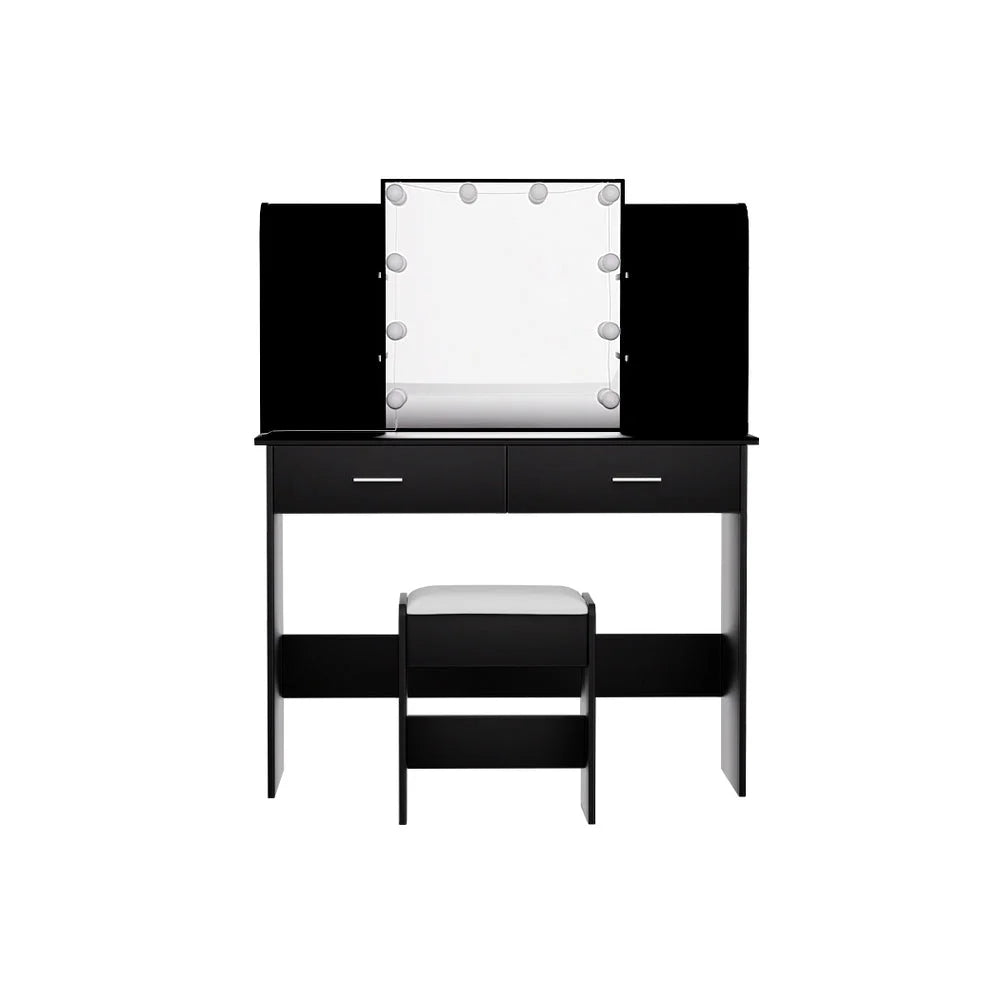Black dressing table with mirror frame and small storage drawers