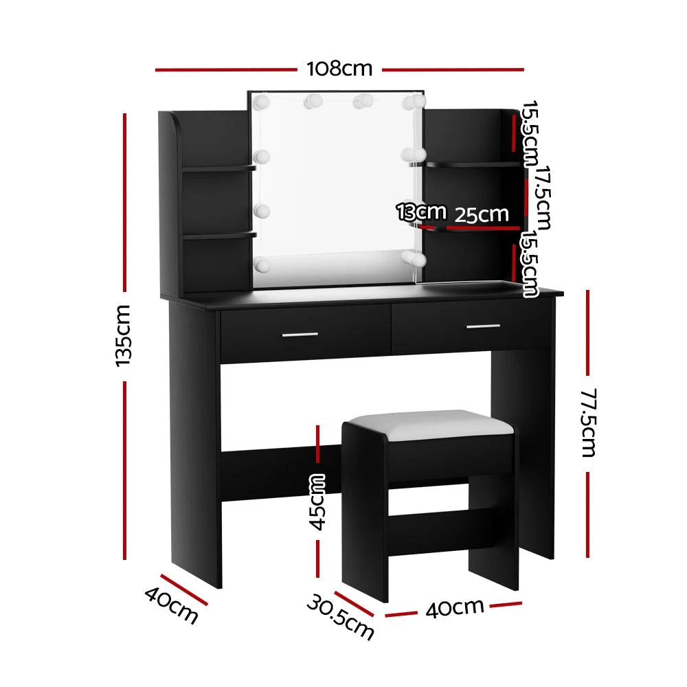 Black dressing table with vanity table top and matching stool