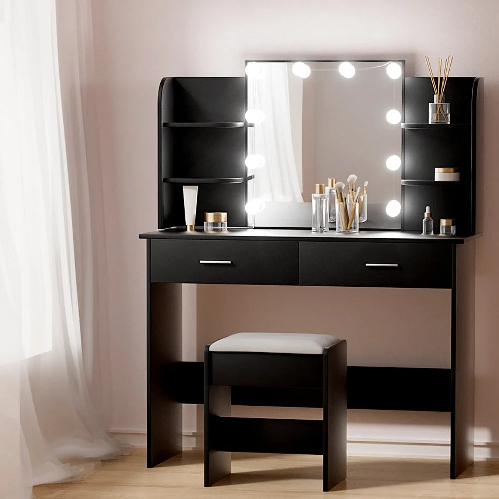 Black dressing table with LED bulb mirror and drawer handles