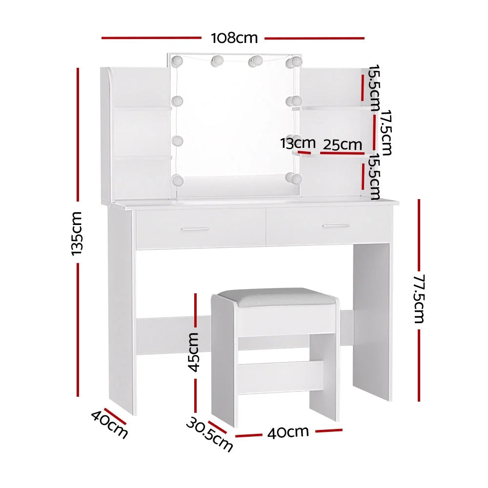 Dressing Table Set with Stool and 10 LED Bulbs - White