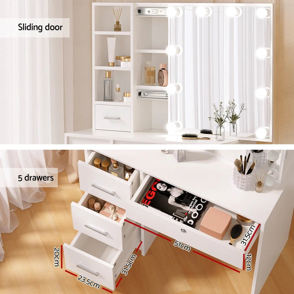 Dressing Table Set with Stool and 10 LED Bulbs - White