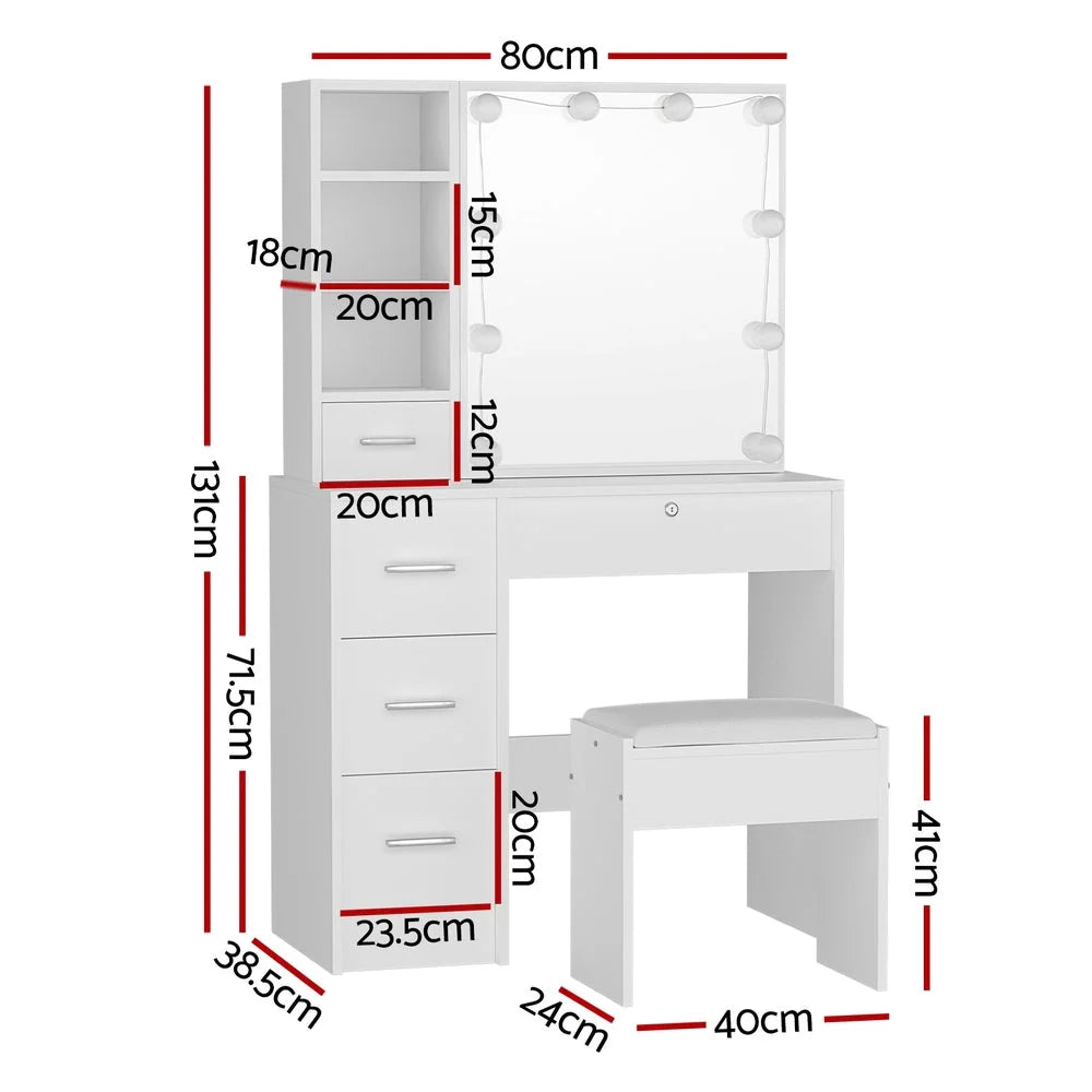 Dressing Table Set with Stool and 10 LED Bulbs - White