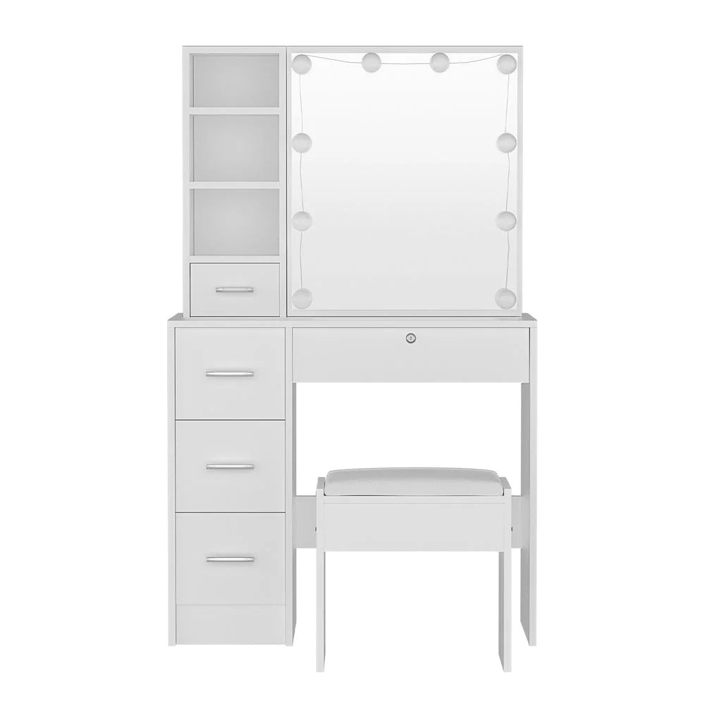 Dressing Table Set with Stool and 10 LED Bulbs - White