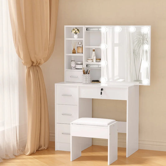 Dressing Table Set with Stool and 10 LED Bulbs - White