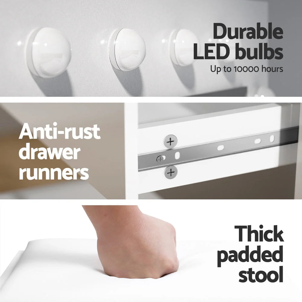 Dressing Table Set with Stool and 12 LED Bulbs - White