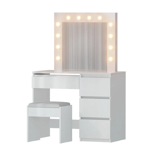Dressing Table Set with Stool and 12 LED Bulbs - White