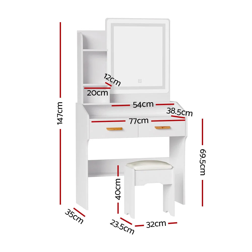 Dressing Table Set with Stool and LED Mirror - White Doria