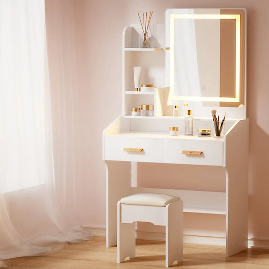 Dressing Table Set with Stool and LED Mirror - White Doria