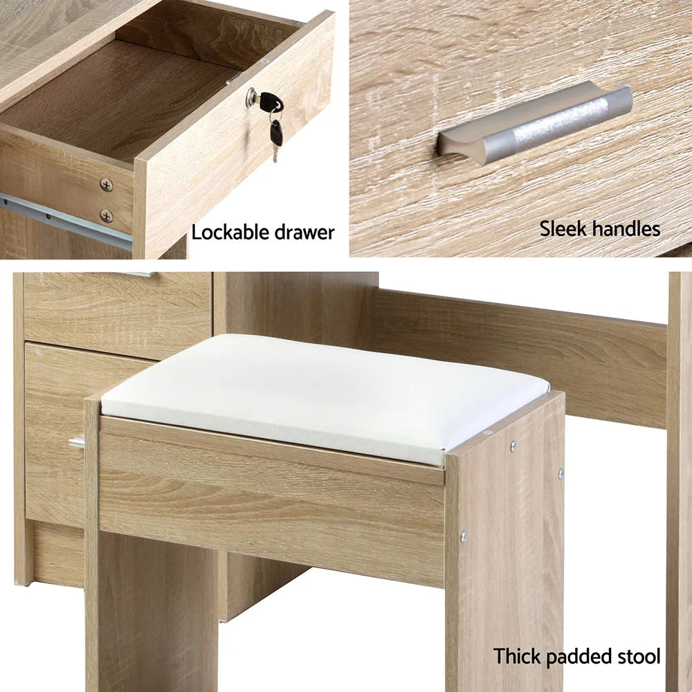 Dressing Table Stool Set with Slide Mirror Makeup Vanity Desk and Drawer
