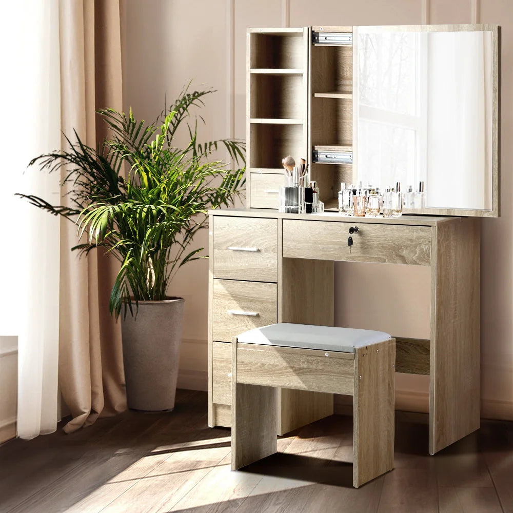 Oak mirror with dressing table stool slide